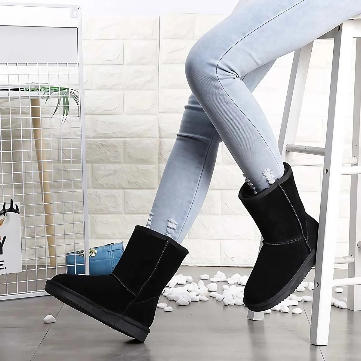 Bottines d'hiver en daim fourrées, mixtes, neuf coloris, noir