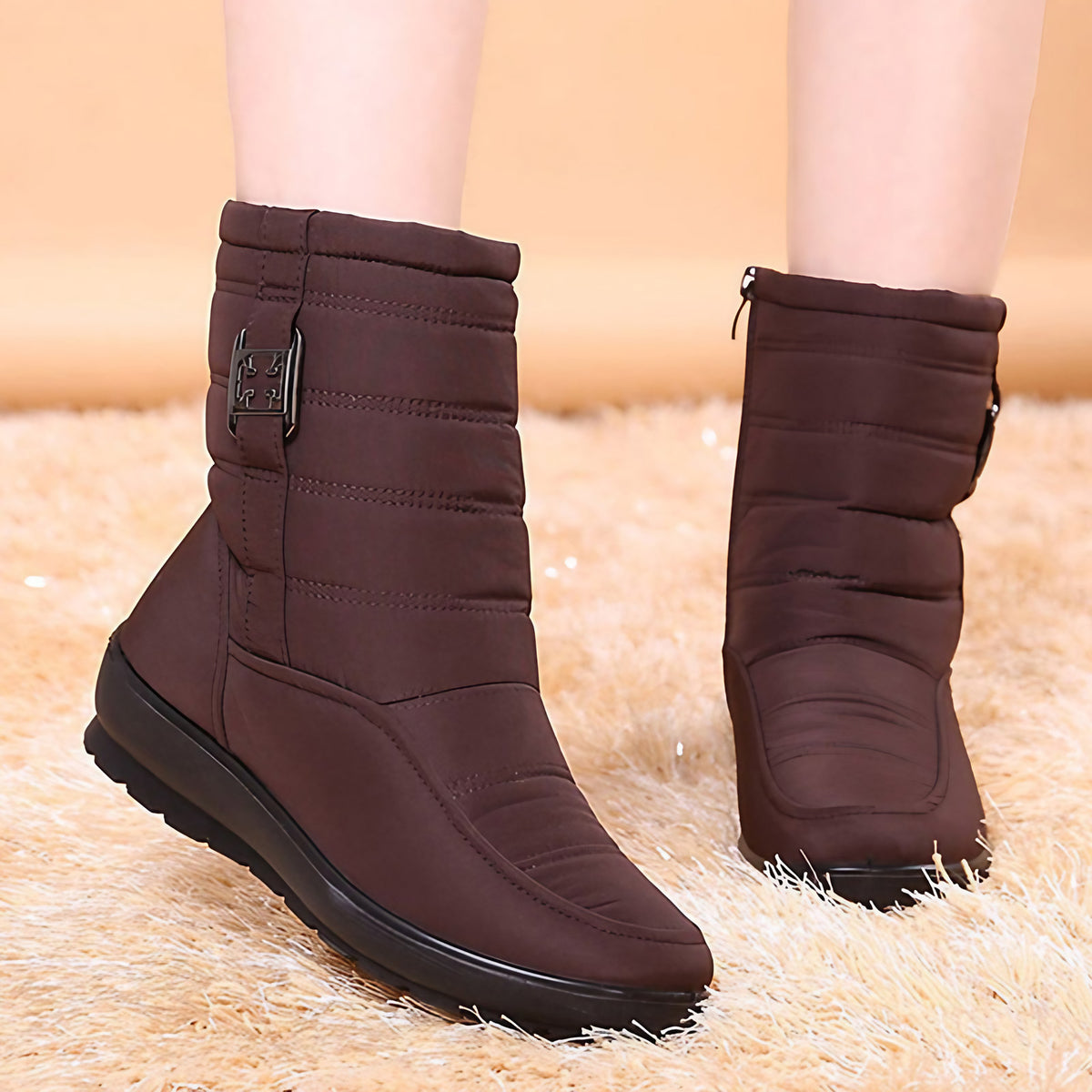 Bottines de neige femme à plateforme, fourrées, zip latéral, marron 2