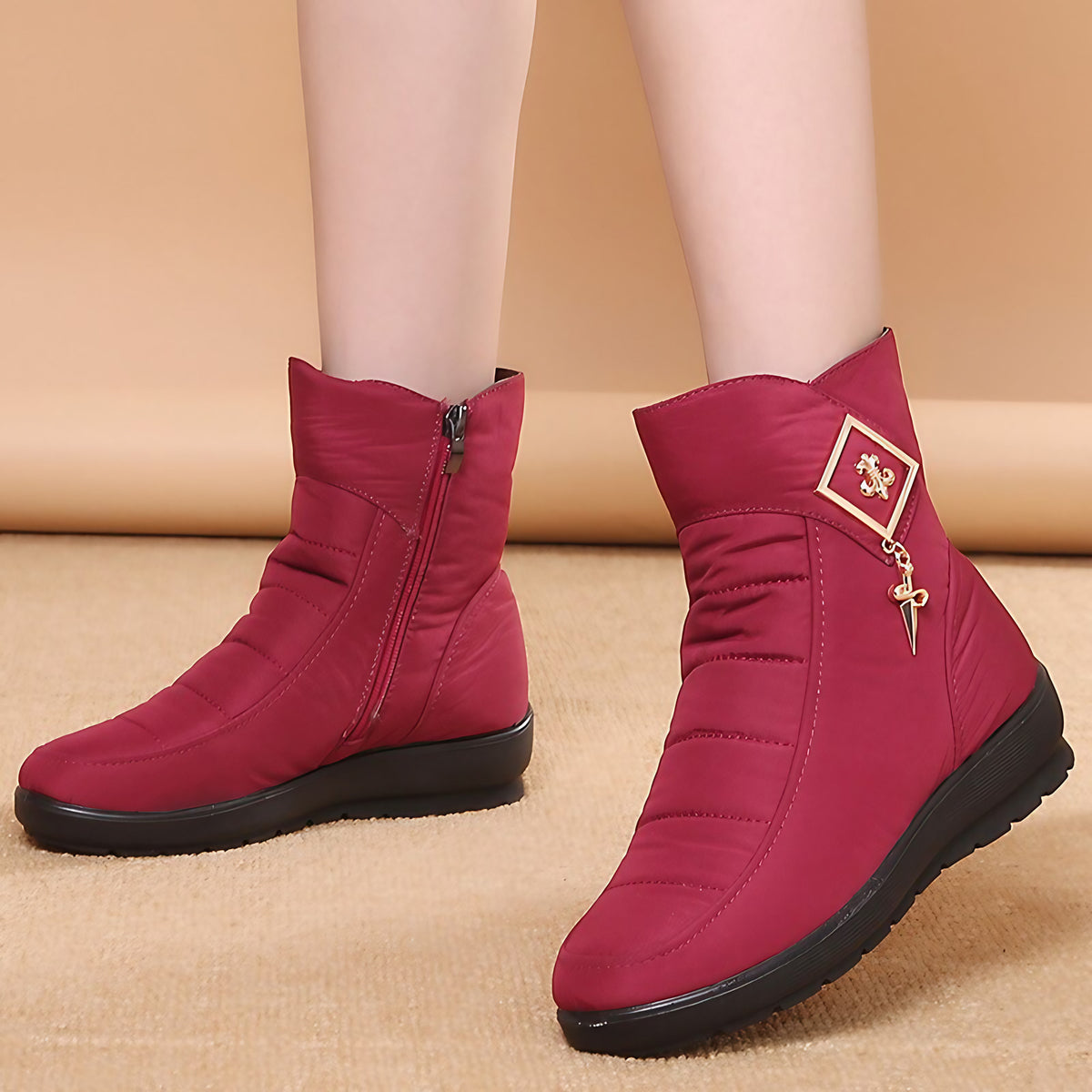 Bottines de neige femme à plateforme, fourrées, zip latéral, rouge 1