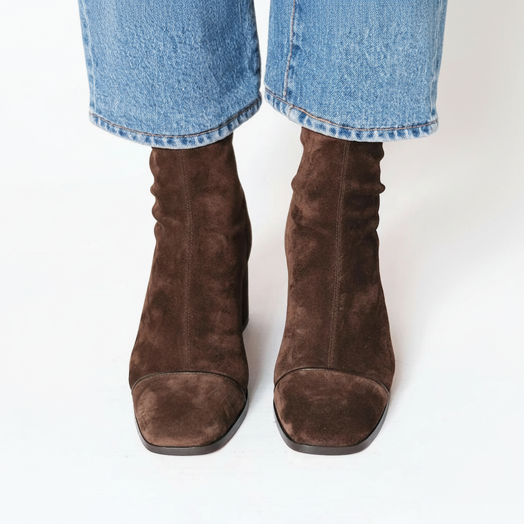 Bottines femme bout carré, talon bloc, effet suédine marron foncé