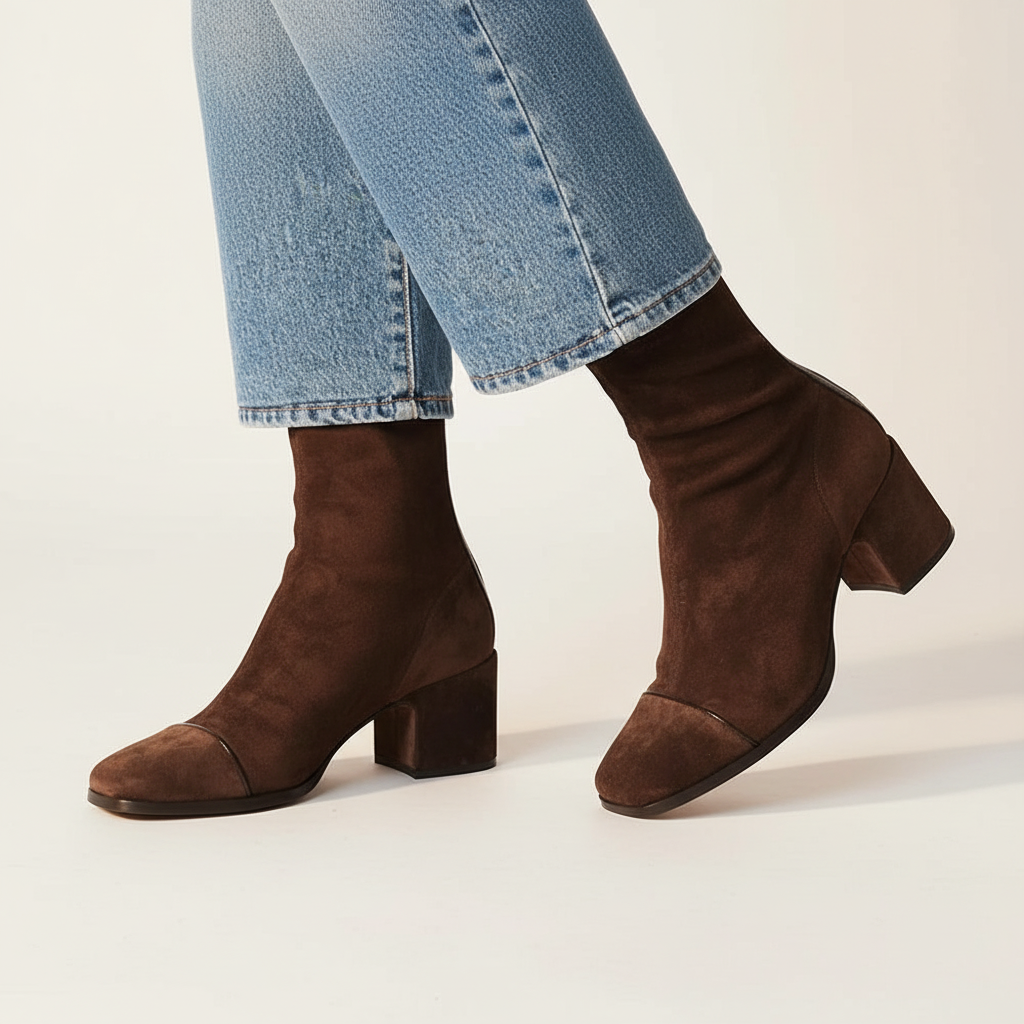 Bottines femme bout carré, talon bloc, effet suédine marron foncé
