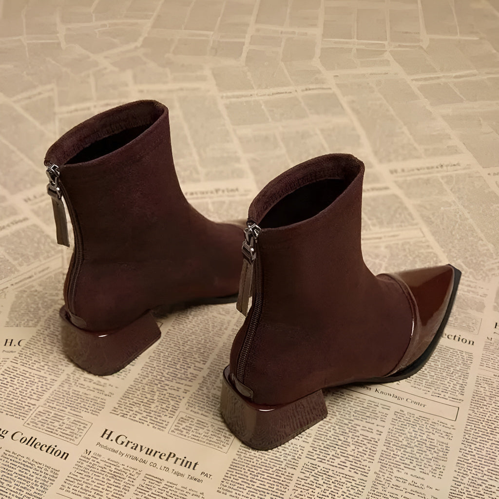 Bottines femme à talon bloc et détails brillants, noir ou marron