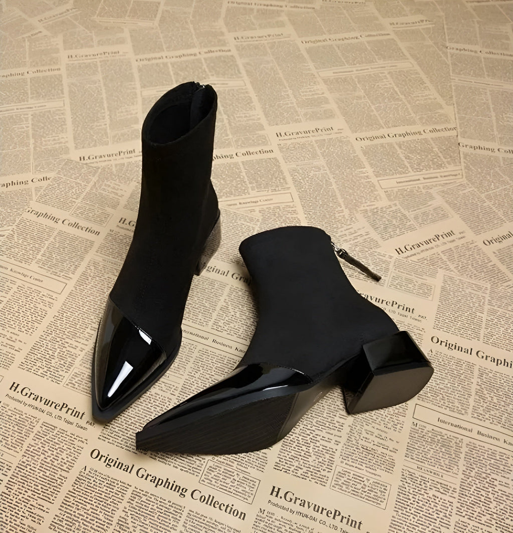 Bottines femme à talon bloc et détails brillants, noir ou marron