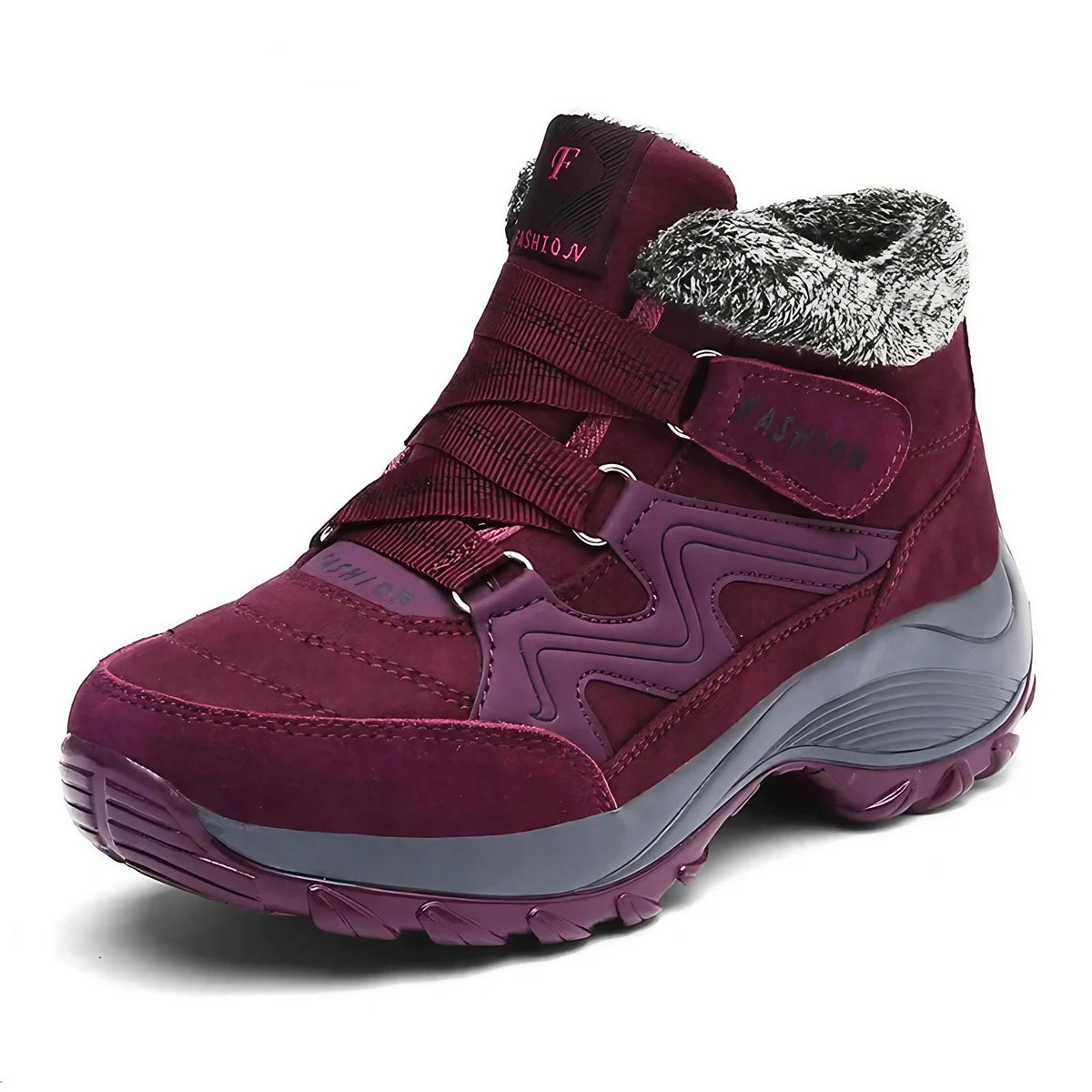 Bottines d'hiver femme fourrées, semelle antidérapante, rouge