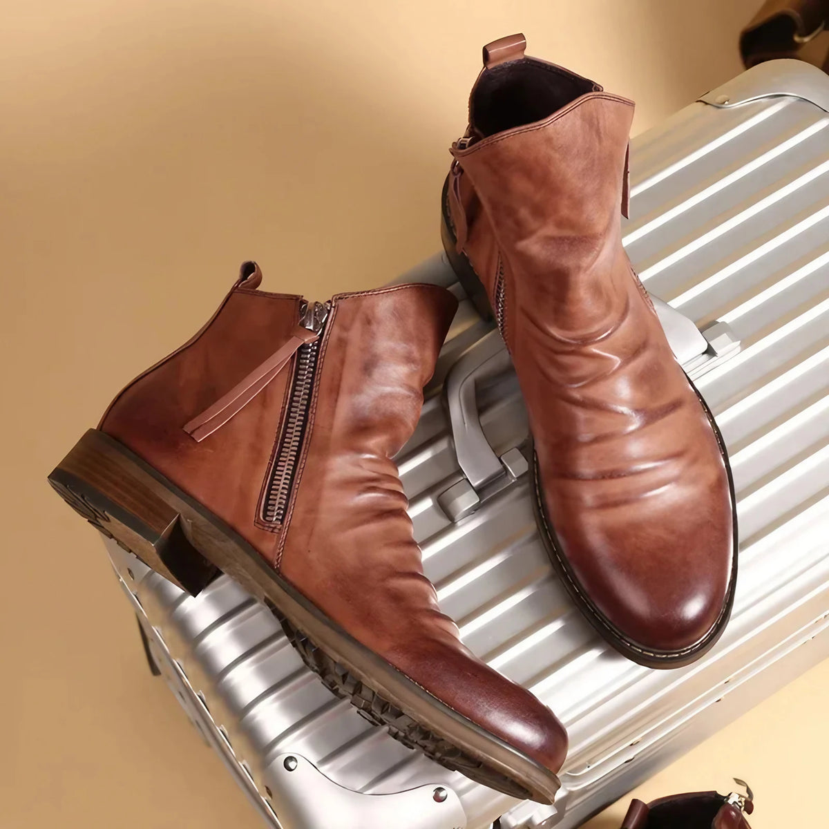 Bottines homme à zip latéral, semelle caoutchouc antidérapante, marron