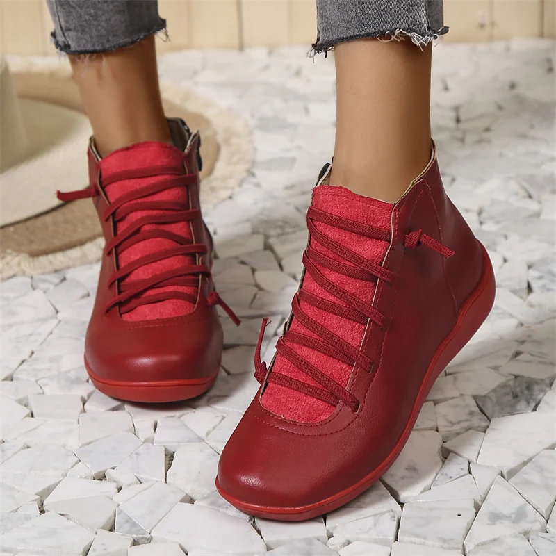 Bottines orthopédiques femme à lacets, chaussant large, 5 coloris, rouge