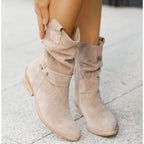 Bottines western femme à tige plissée, semelle plate, bout arrondi, beige