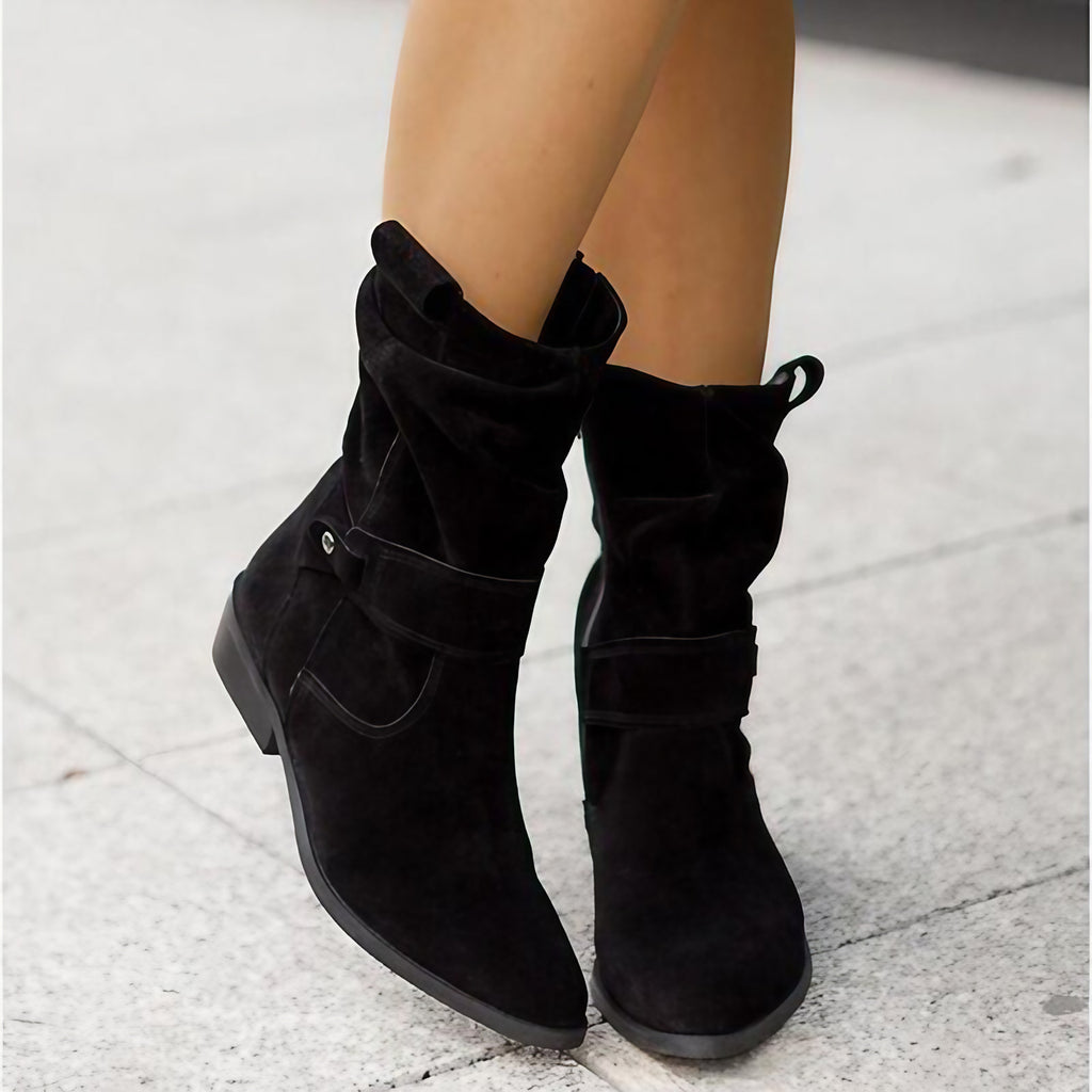 Bottines western femme à tige plissée, semelle plate, bout arrondi, noir