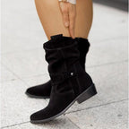 Bottines western femme à tige plissée, semelle plate, bout arrondi