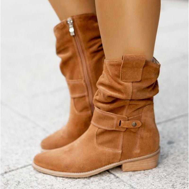 Bottines western femme à tige plissée, semelle plate, bout arrondi