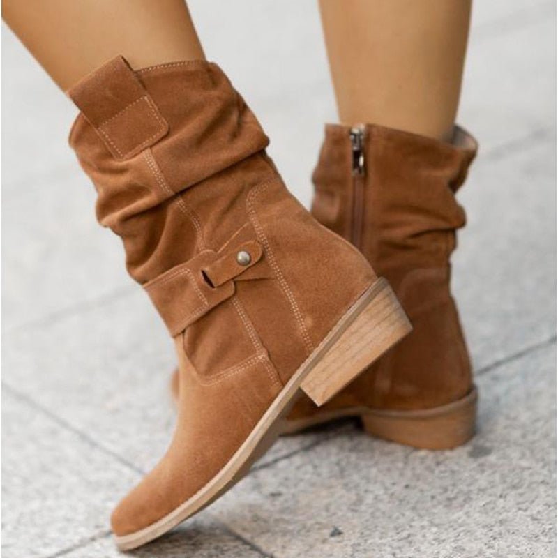 Bottines western femme à tige plissée, semelle plate, bout arrondi