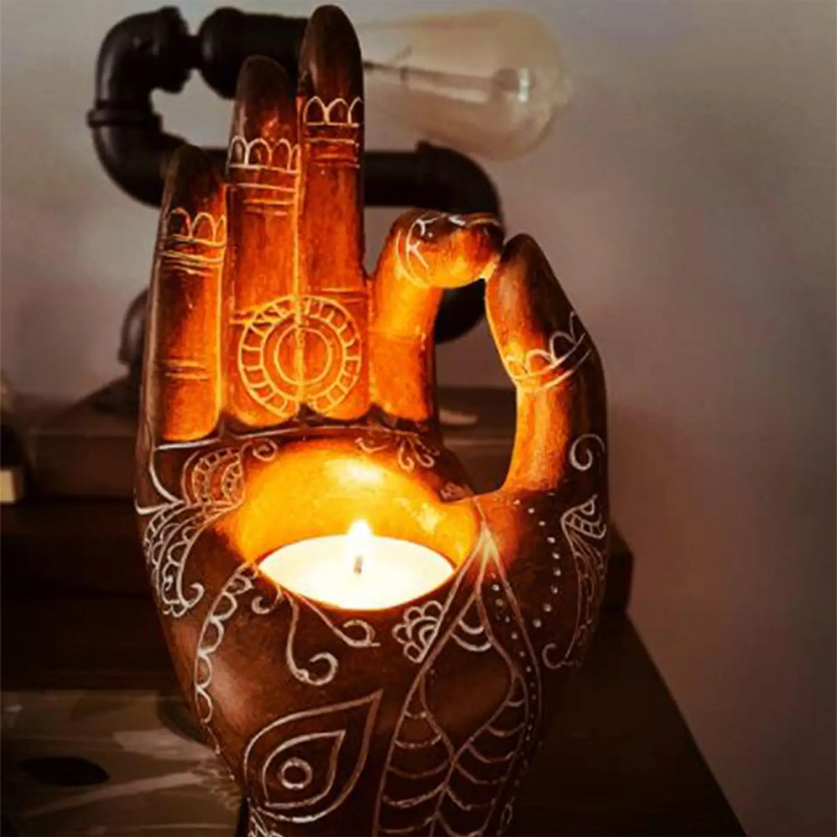Bougeoir main de Bouddha en résine, déco zen