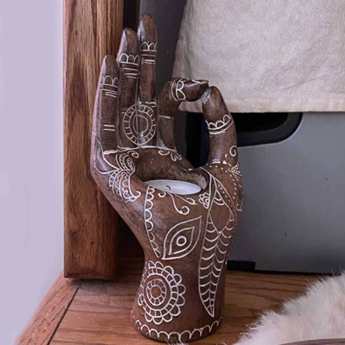 Bougeoir main de Bouddha en résine, déco zen