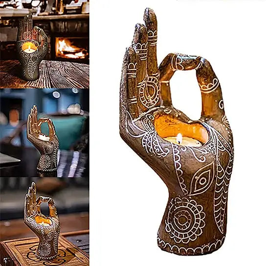 Bougeoir main de Bouddha en résine, déco zen