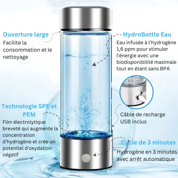 Bouteille à hydrogène en verre et acier inoxydable, 414 ml