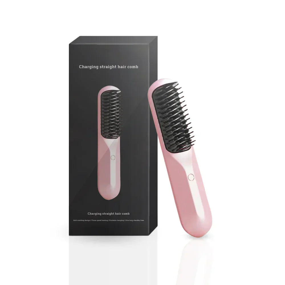 Brosse chauffante ionique sans fil, trois niveaux de chaleur, rose clair