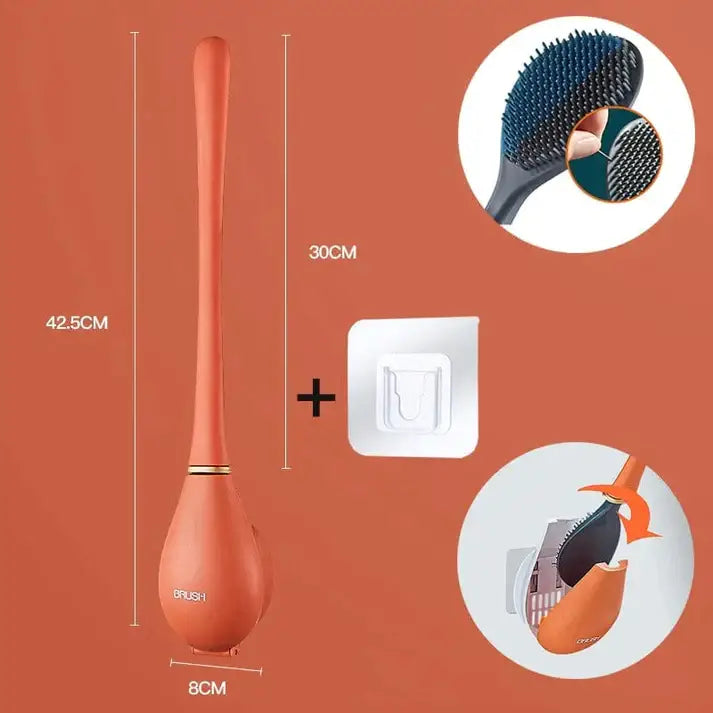 Brosse WC en silicone à tête plate, support adhésif mural, orange