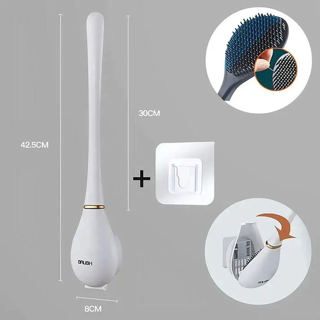 Brosse WC en silicone à tête plate, support adhésif mural, blanc