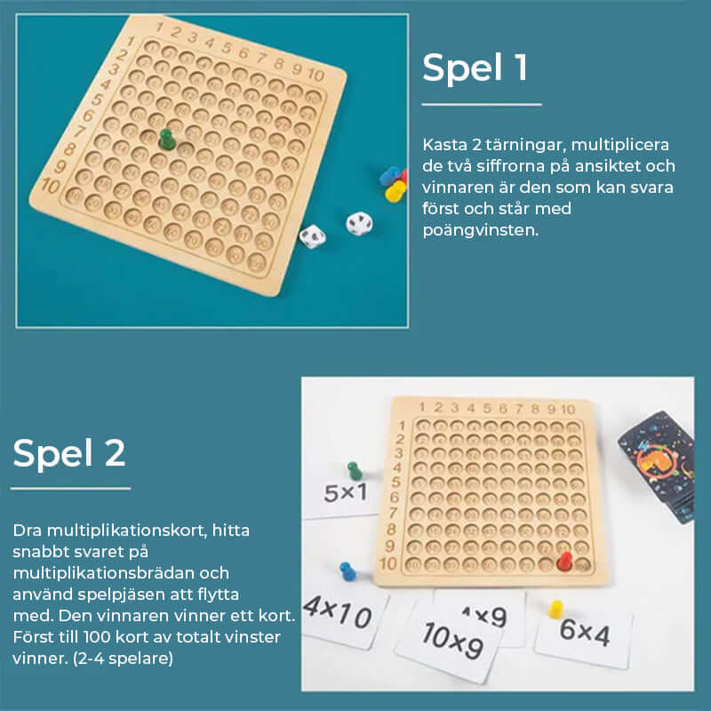Jeu de multiplication en bois : plateau, 100 cartes et 2 dés