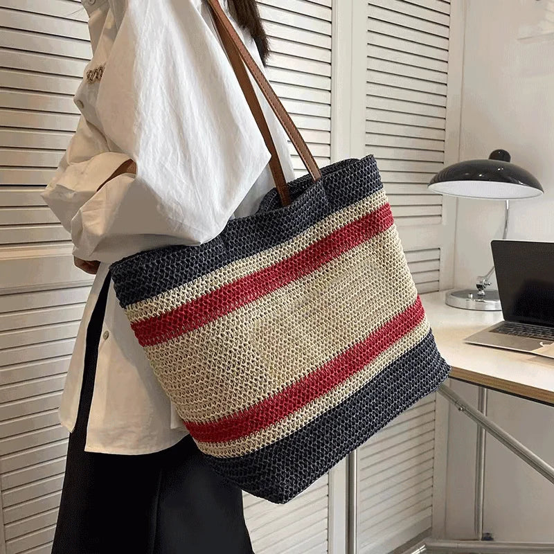 Cabas en paille tressée femme à bandes colorées, anses en cuir