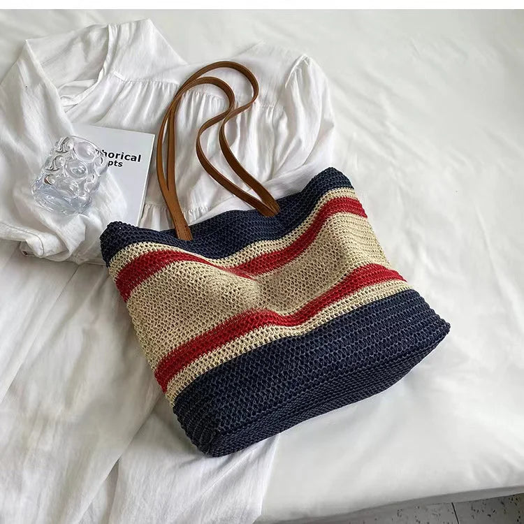 Cabas en paille tressée femme à bandes colorées, anses en cuir