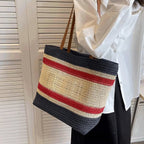 Cabas en paille tressée femme à bandes colorées, anses en cuir, bleu