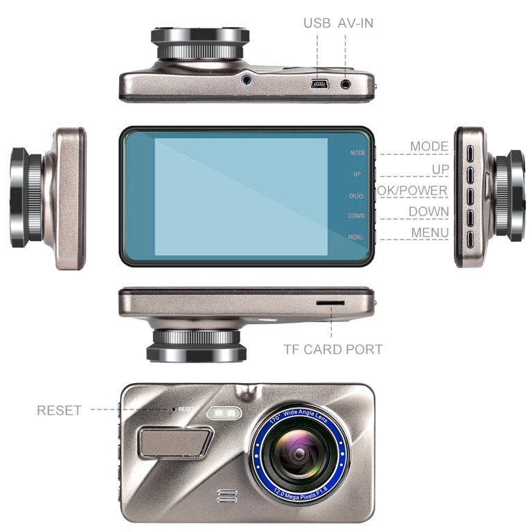 Dashcam avant et arrière 1080P, vision nocturne, écran 4 pouces