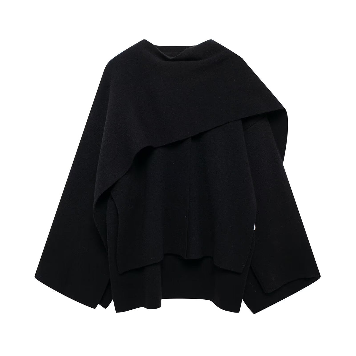 Cape femme asymétrique à col écharpe, coupe oversize, noir