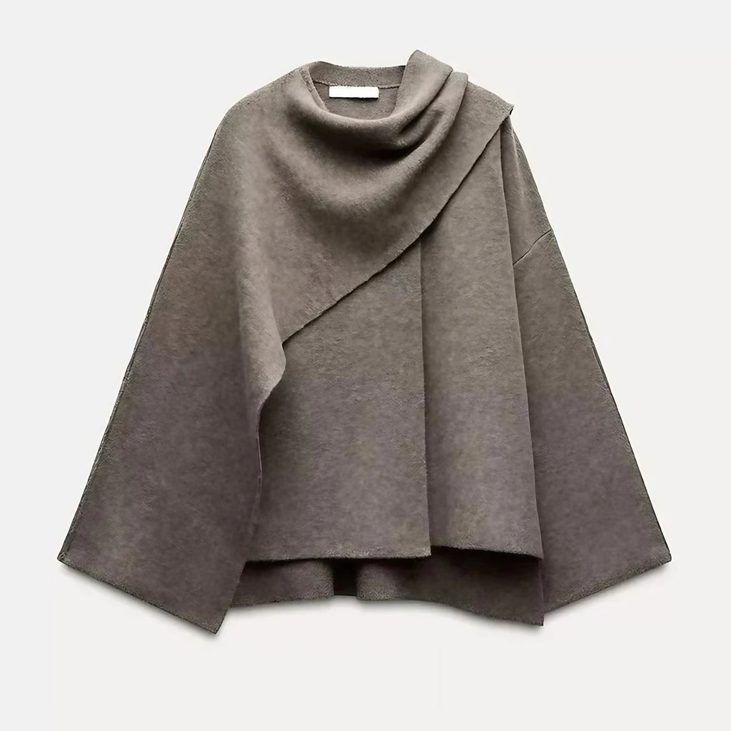 Cape femme à drapé asymétrique, fermeture à l'épaule, deux coloris, marron