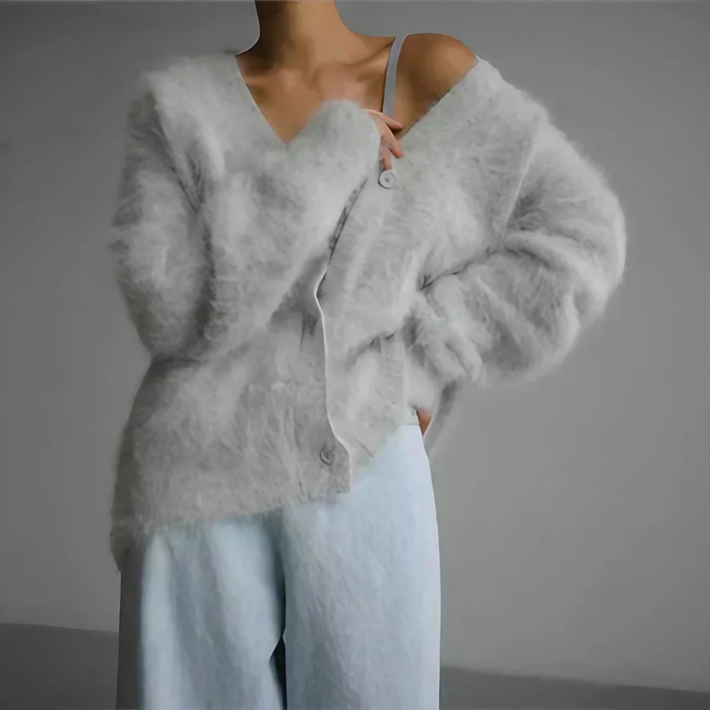 Cardigan femme col V ample et boutonné, du S au XL, gris clair