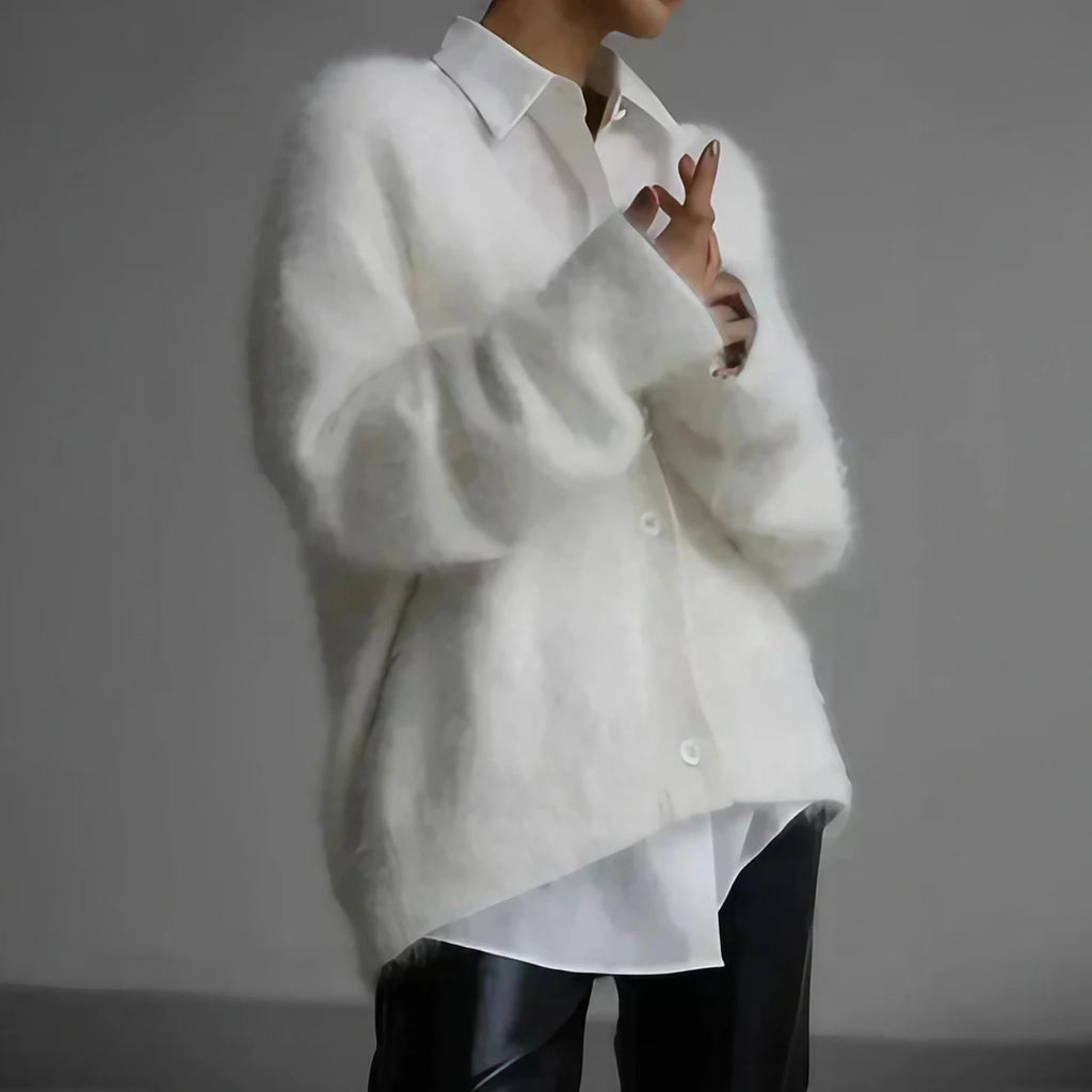 Cardigan femme col V ample et boutonné, du S au XL, blanc