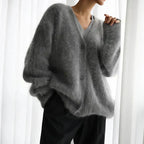 Cardigan femme col V ample et boutonné, du S au XL, gris foncé