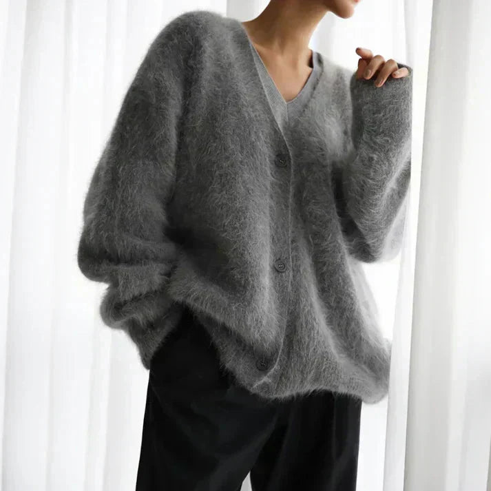 Cardigan femme col V ample et boutonné, du S au XL, gris foncé