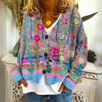 Cardigan bohème femme en tricot multicolore brodé de fleurs, bleu