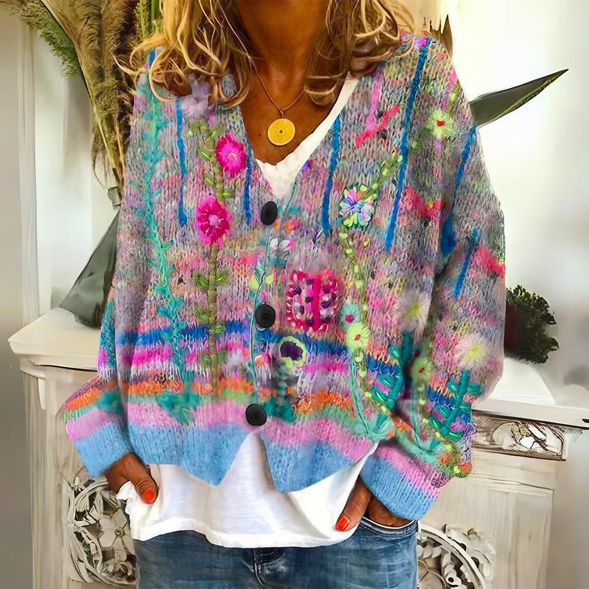 Cardigan bohème femme en tricot multicolore brodé de fleurs, bleu