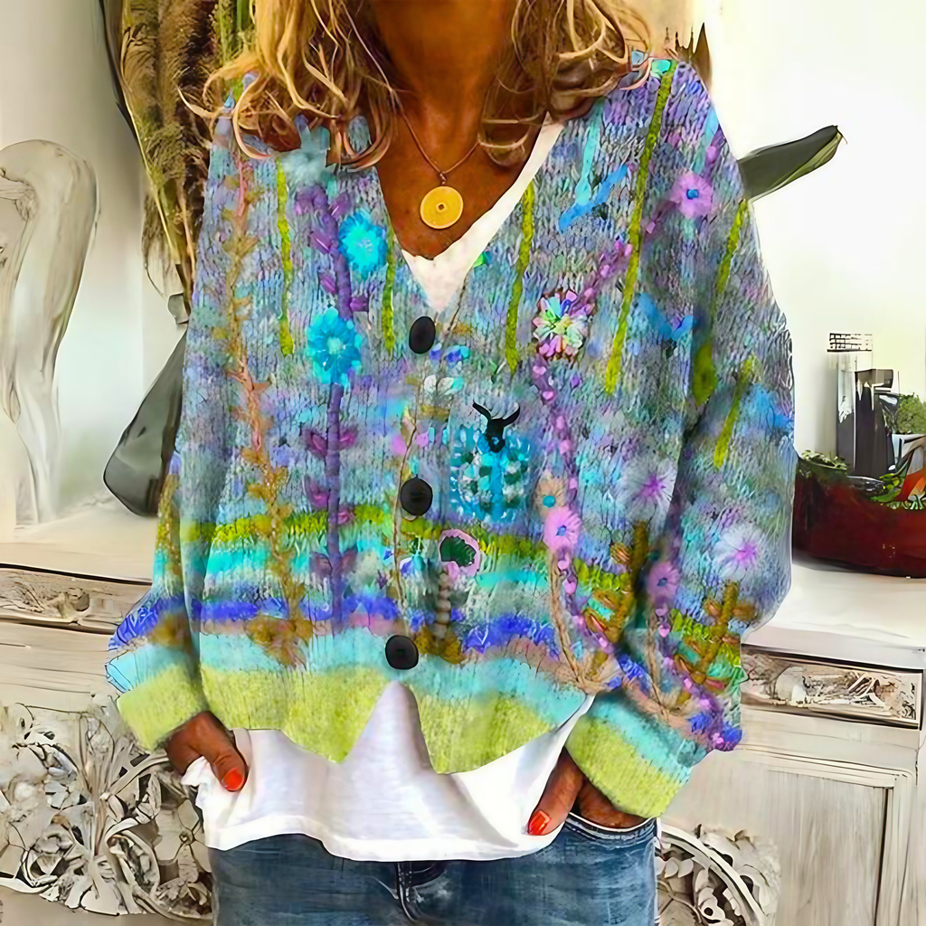 Cardigan bohème femme en tricot multicolore brodé de fleurs, vert