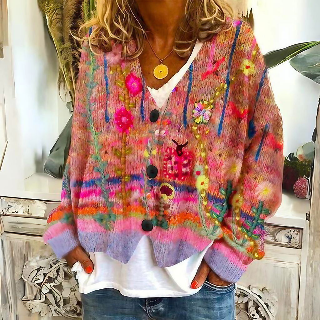 Cardigan bohème femme en tricot multicolore brodé de fleurs, rouge