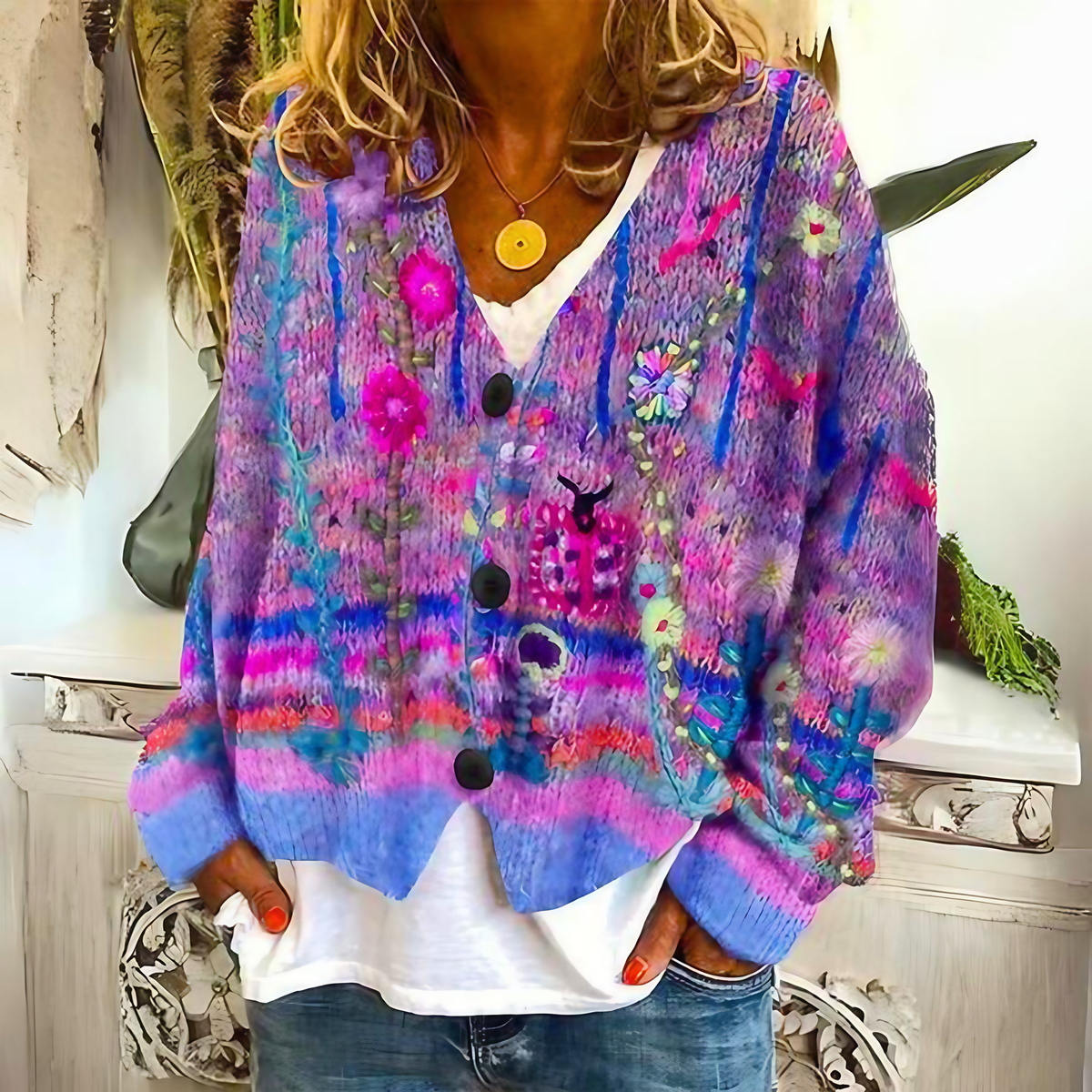 Cardigan bohème femme en tricot multicolore brodé de fleurs, lilas
