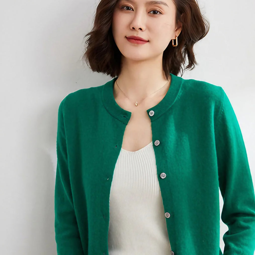 Cardigan femme uni à manches longues, coupe classique, vert