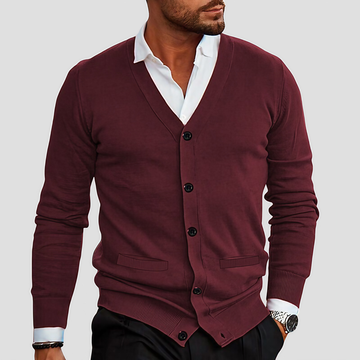 Cardigan homme col V en maille, boutonné, six coloris, rouge