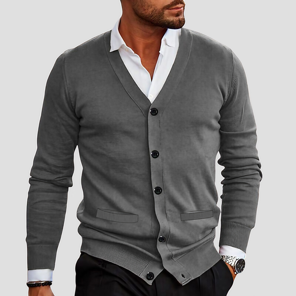 Cardigan homme col V en maille, boutonné, six coloris, gris