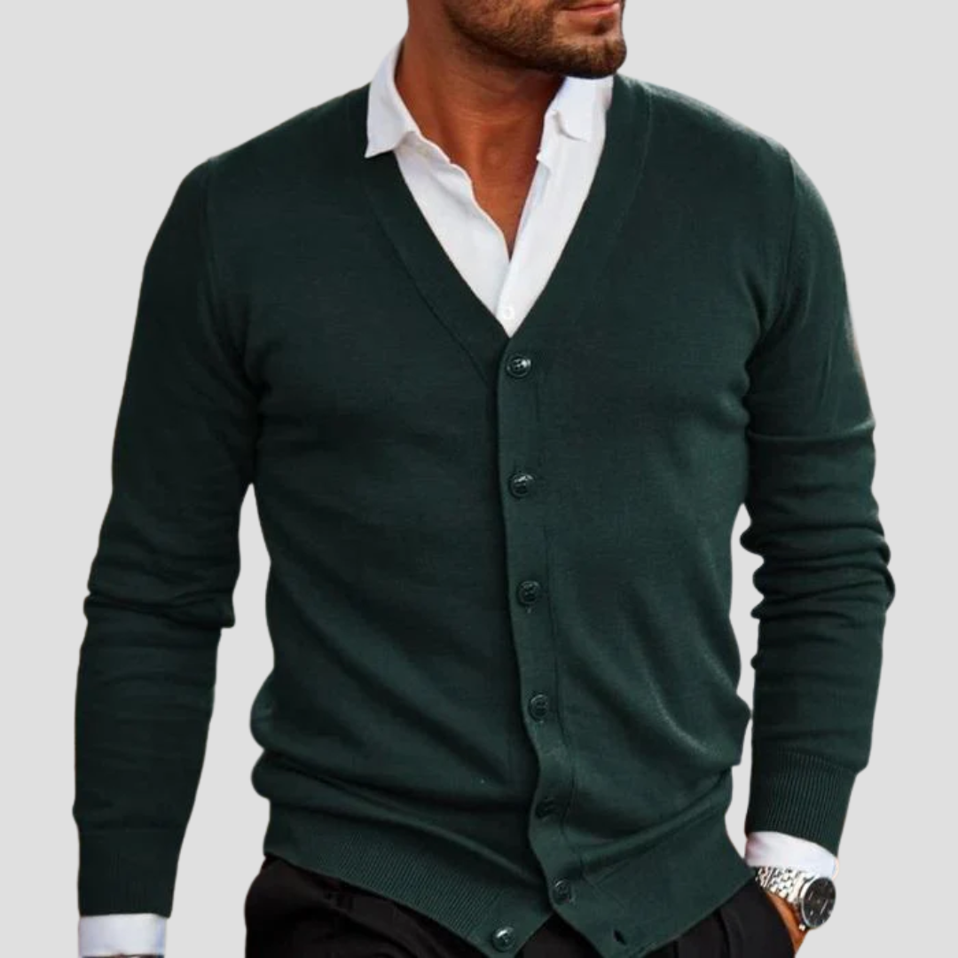 Cardigan homme col V en maille, boutonné, six coloris, vert foncé