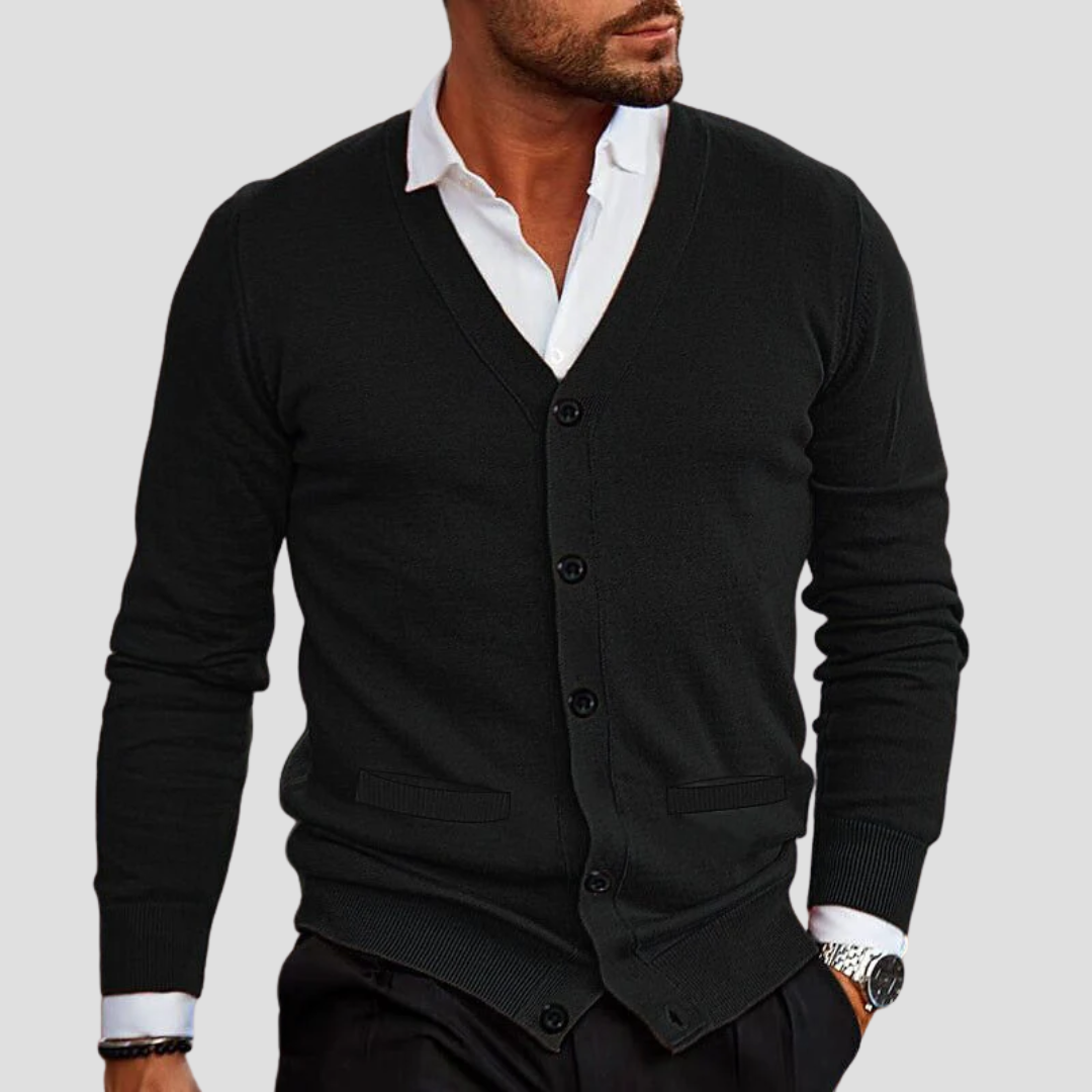 Cardigan homme col V en maille, boutonné, six coloris, noir