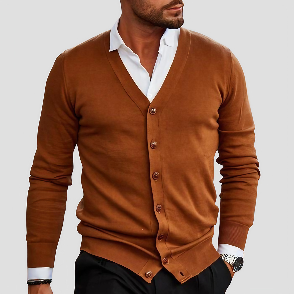 Cardigan homme col V en maille, boutonné, six coloris, marron