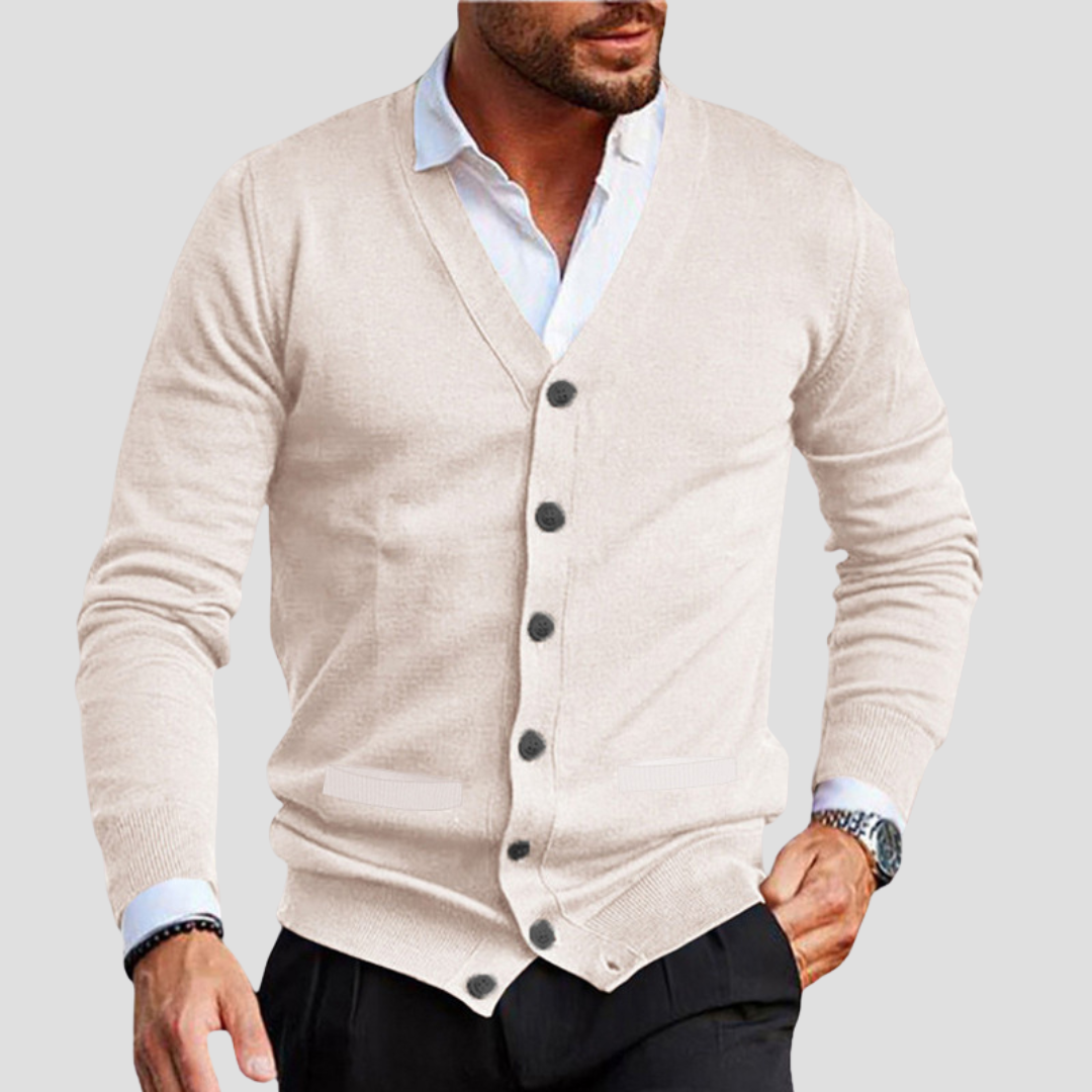Cardigan homme col V en maille, boutonné, six coloris, beige clair