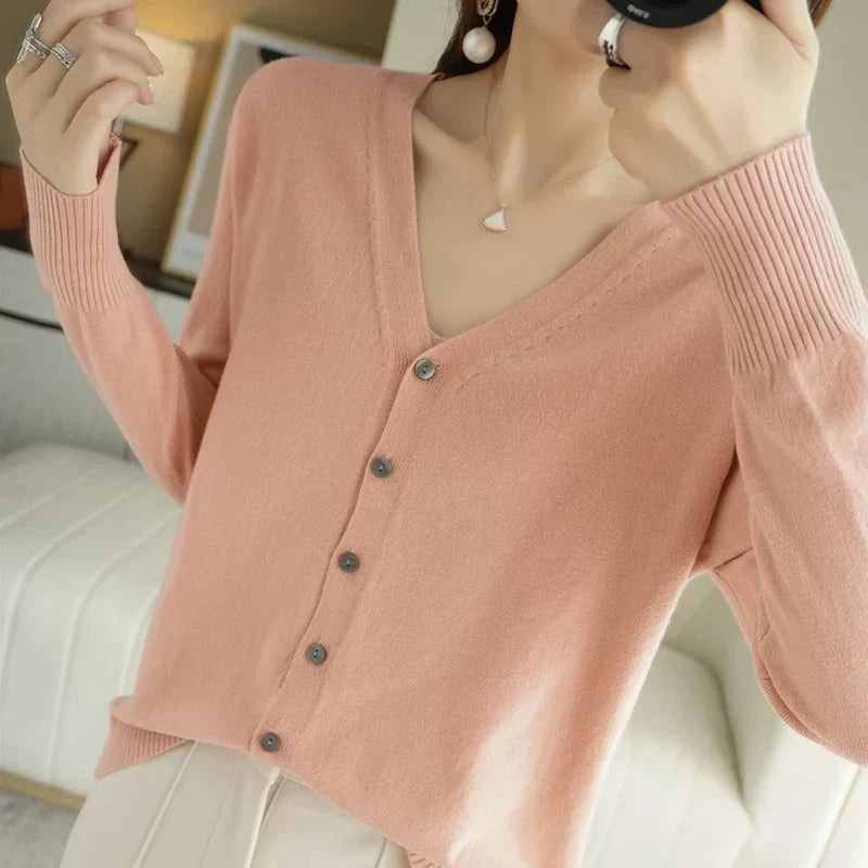 Cardigan femme col V en maille douce, seize coloris, rose poudré