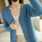 Cardigan femme col V en maille douce, seize coloris, bleu brume