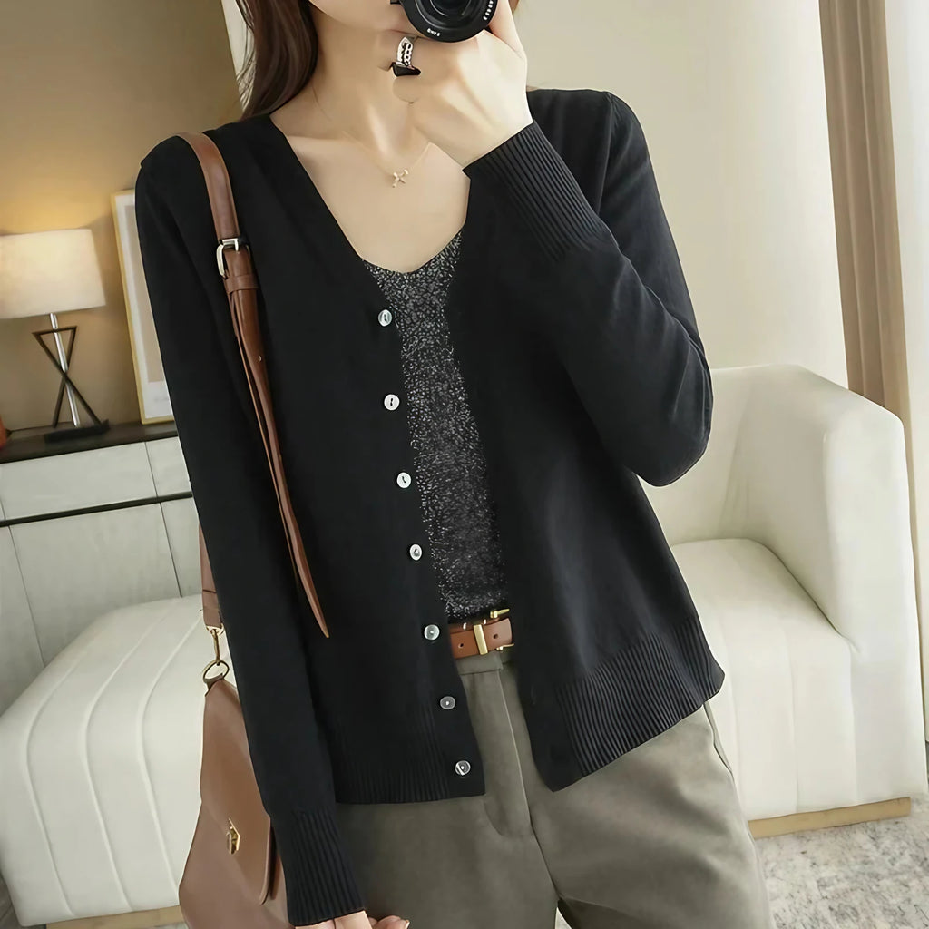 Cardigan femme col V en maille douce, seize coloris, noir
