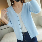 Cardigan femme col V en maille douce, seize coloris, bleu ciel