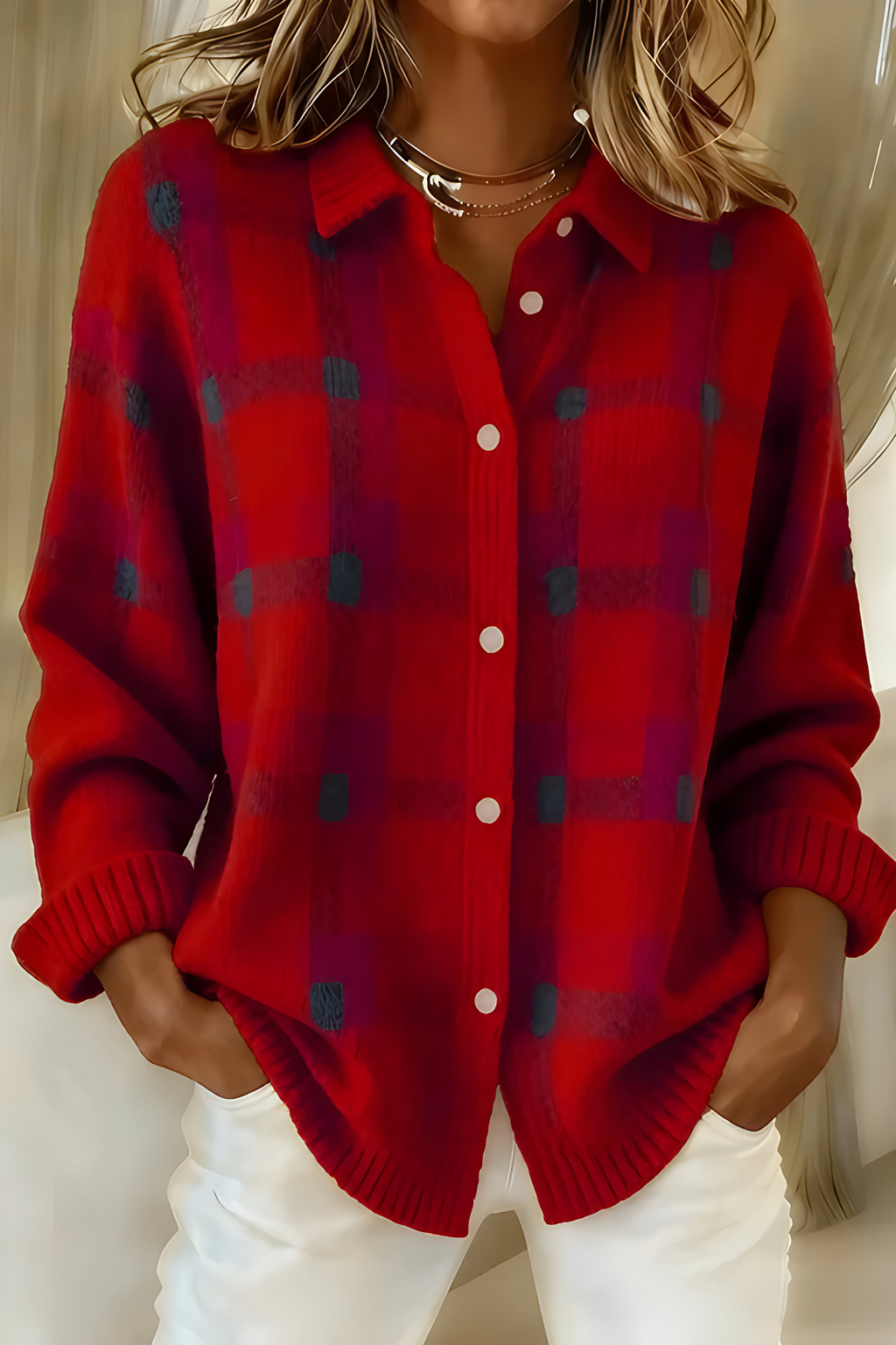 Cardigan à carreaux femme, ouvert devant, du S au 5XL, rouge